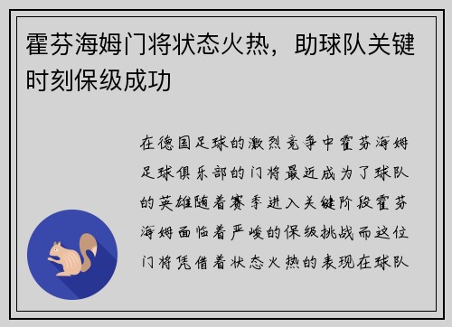 霍芬海姆门将状态火热，助球队关键时刻保级成功